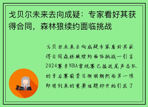 戈贝尔未来去向成疑：专家看好其获得合同，森林狼续约面临挑战