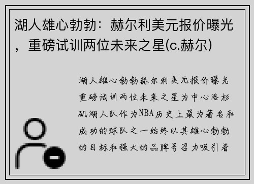 湖人雄心勃勃：赫尔利美元报价曝光，重磅试训两位未来之星(c.赫尔)