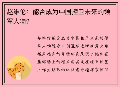 赵维伦：能否成为中国控卫未来的领军人物？