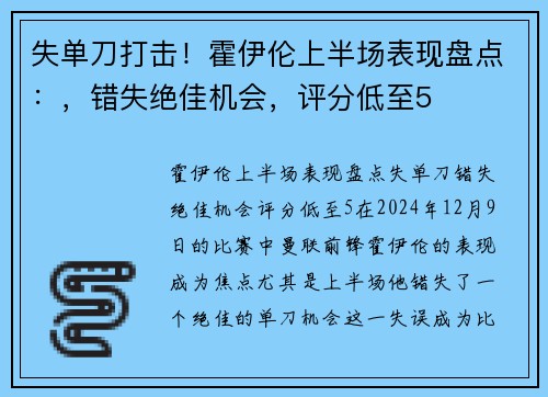 失单刀打击！霍伊伦上半场表现盘点：，错失绝佳机会，评分低至5