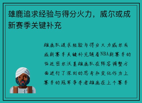 雄鹿追求经验与得分火力，威尔或成新赛季关键补充